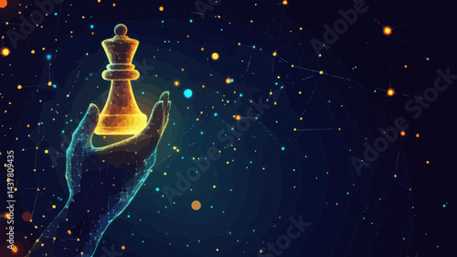 Abstract Hand Holding Chess Pawn with Starry Sky Background, Vector Concept of Strategy and Cosmos, Minimalist SVG Art for Business and Science