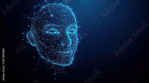 Low Poly Wireframe Face Recognition Banner Vector, Futuristic Facial Scan Polygonal 3D Mesh Art for Smart ID System Technology