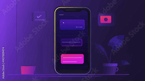 Modern Vector Illustration of Mobile Messaging App Interface with Gradient Background, Colorful Chat Bubbles, and Digital Elements for Communication and UX Design Inspiration