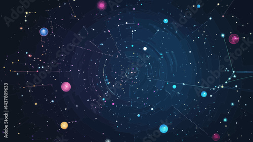 Abstract Vector Illustration of Starry Sky Target with Planets and Stars in Flat Minimalist Style for Business and Technology Concepts