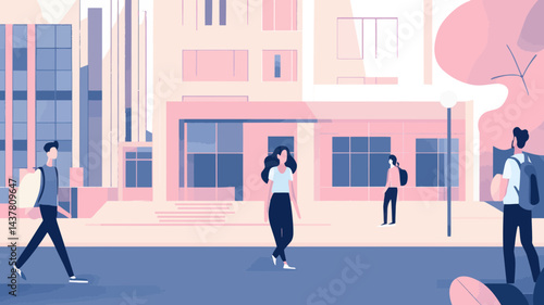 Flat Design Urban Street Scene with People Walking and Modern Buildings in Background Illustration for City Life Concepts
