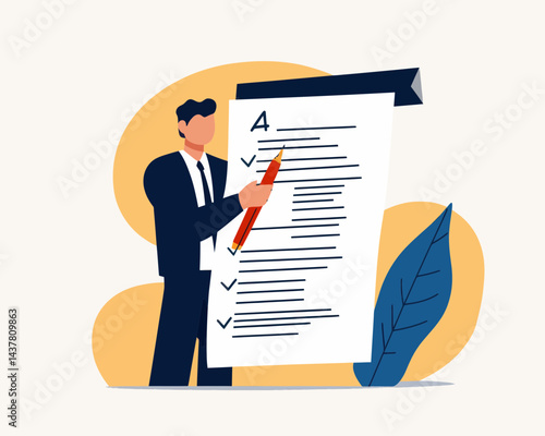 Businessman Writing Compliance Rules and Regulations Document in Flat Minimalist Style for Corporate Policy and Legal Guideline Concepts