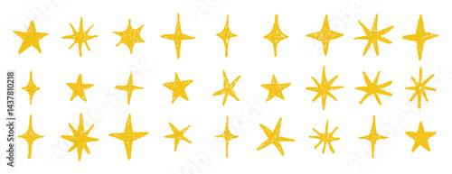 gold chalk crayon doodle stars set. Shine and sparkle hand drawn drawing collection. Children style yellow wax pencil elements. Grunge texture star shapes.