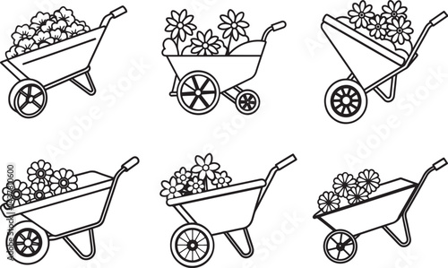 set of wheelbarrow with flowers line art, black outline, vector and illustration, coloring book page line art drawing