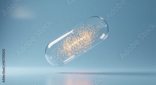 Transparent capsule with glowing particles floating in blue background  