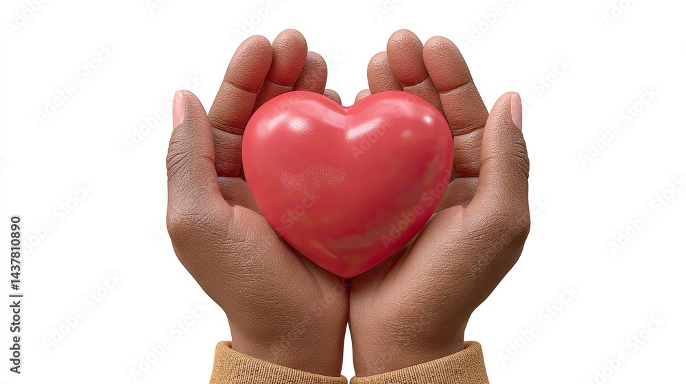 Obraz premium Two hands gently cradle a vibrant red heart, symbolizing love, care, and health