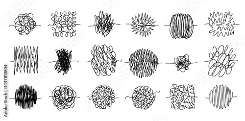 Chaos lines doodle set. Hand drawn tangled clew. Insane scribble lines. confused doodle scribbles.