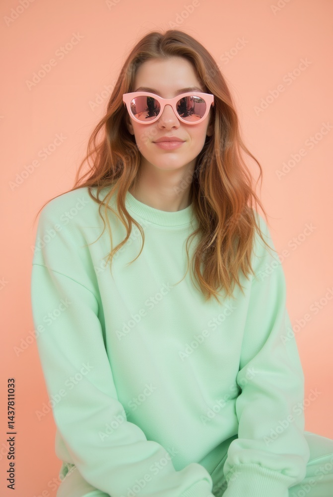 Fototapeta premium Young woman in mint green sweatshirt and pink sunglasses against peach background