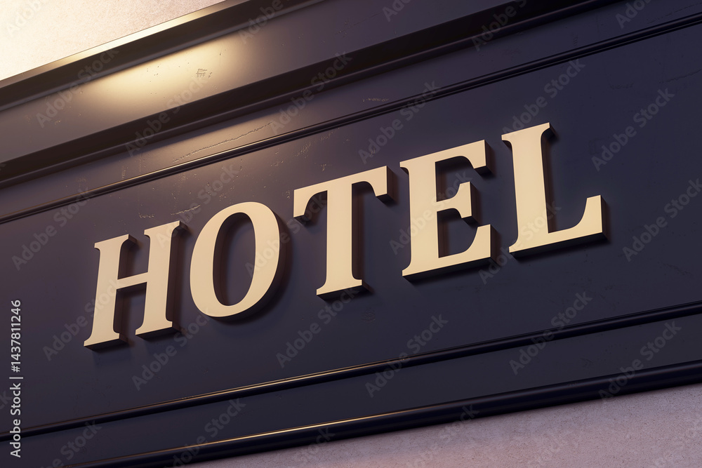 Obraz premium Close-up of hotel signage with golden letters on dark wall background under soft ambient lighting at entrance area of a commercial building. 3D Rendering