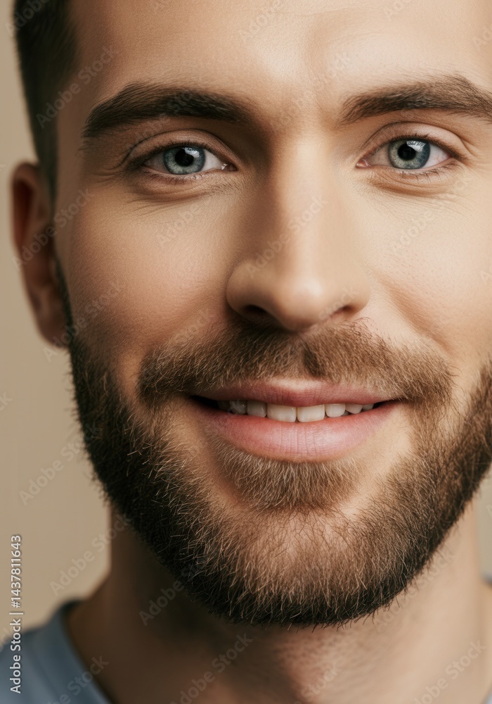 Fototapeta premium Close-up portrait of smiling young man with beard and blue eyes