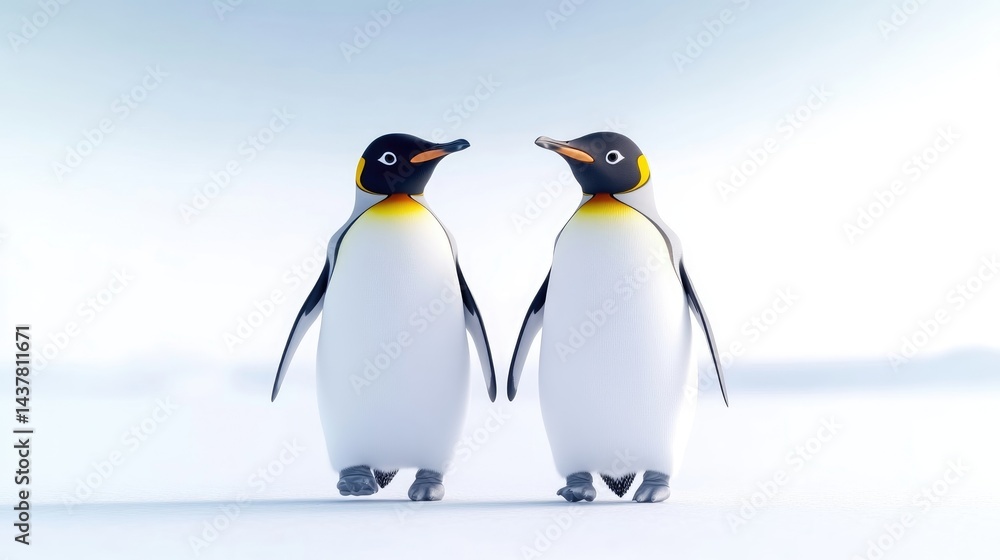 Fototapeta premium Two penguins walking side-by-side on a snowy landscape