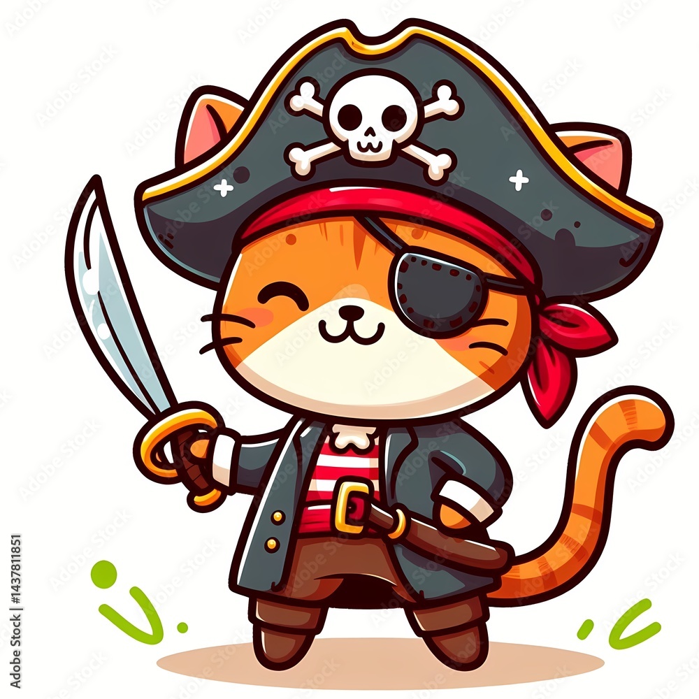 Naklejka premium Cute Cat Pirates Cartoon Vector Icon Illustration