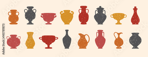 Textured ceramics vase silhouette set. Ancient amphora, greek antiques vases. Different old pottery and vessels, clay pitchers, jug. Creative decor flat vases shapes 