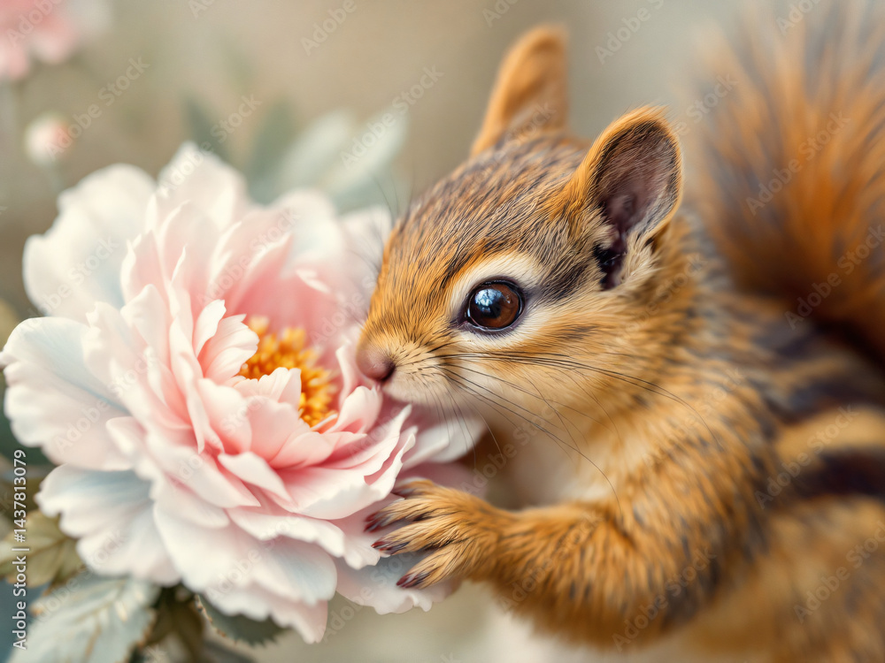 Obraz premium A small squirrel gently sniffing a delicate pink flower in a serene setting.