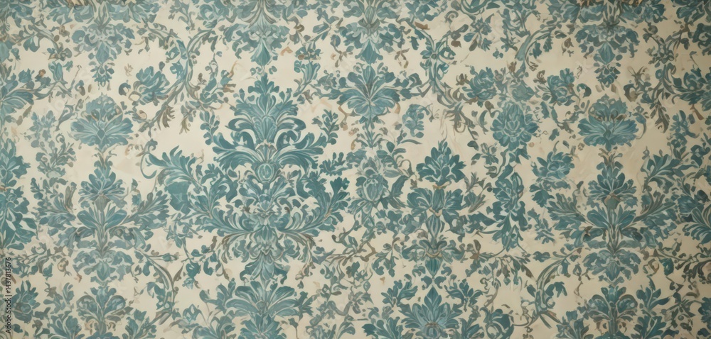 Rich teal damask pattern on cream background, refined style , motif, fabric, repeating Rich teal damask pattern on cream background, refined style , motif, fabric, repeating