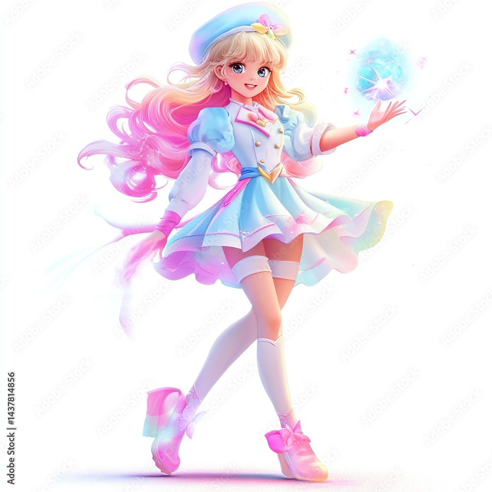 Cute anime girl with pastel outfit, holding glowing orb. Cute anime girl with pastel outfit, holding glowing orb.