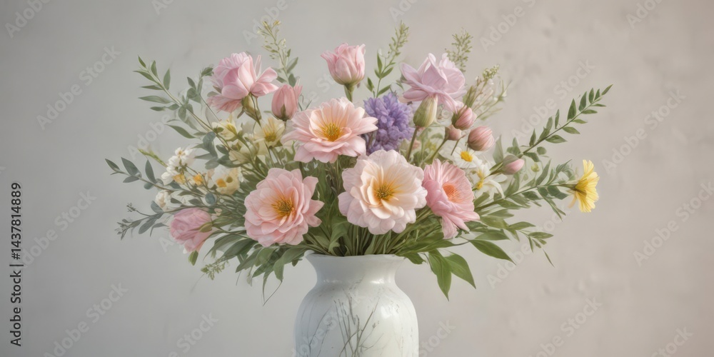 Soft pastel watercolor bouquet in a simple vase, painted flowers , leaves, plants Soft pastel watercolor bouquet in a simple vase, painted flowers , leaves, plants