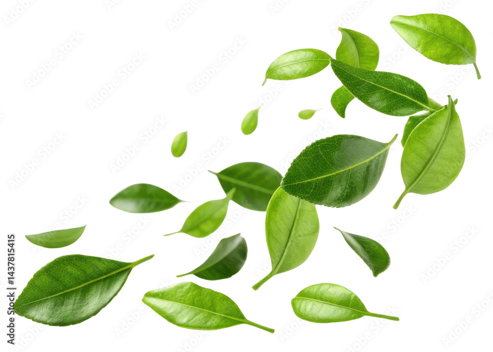 Naklejka premium Fresh kaffir lime leaf with vibrant green color floating isolated on transparency background for natural and healthy concept