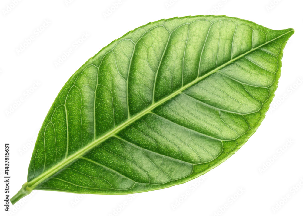 Obraz premium Green leaf with detailed veins and fresh texture resembling lemon tree leaf glowing with natural light and vibrant color