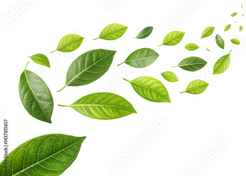 Green leaf collection with fresh lemon leaf shapes flying in air creating natural and lively atmosphere full of energy and freshness