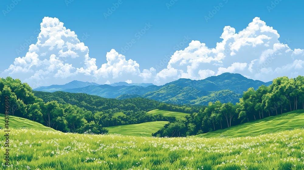Obraz premium Lush green valley with trees under sunny blue sky with fluffy clouds