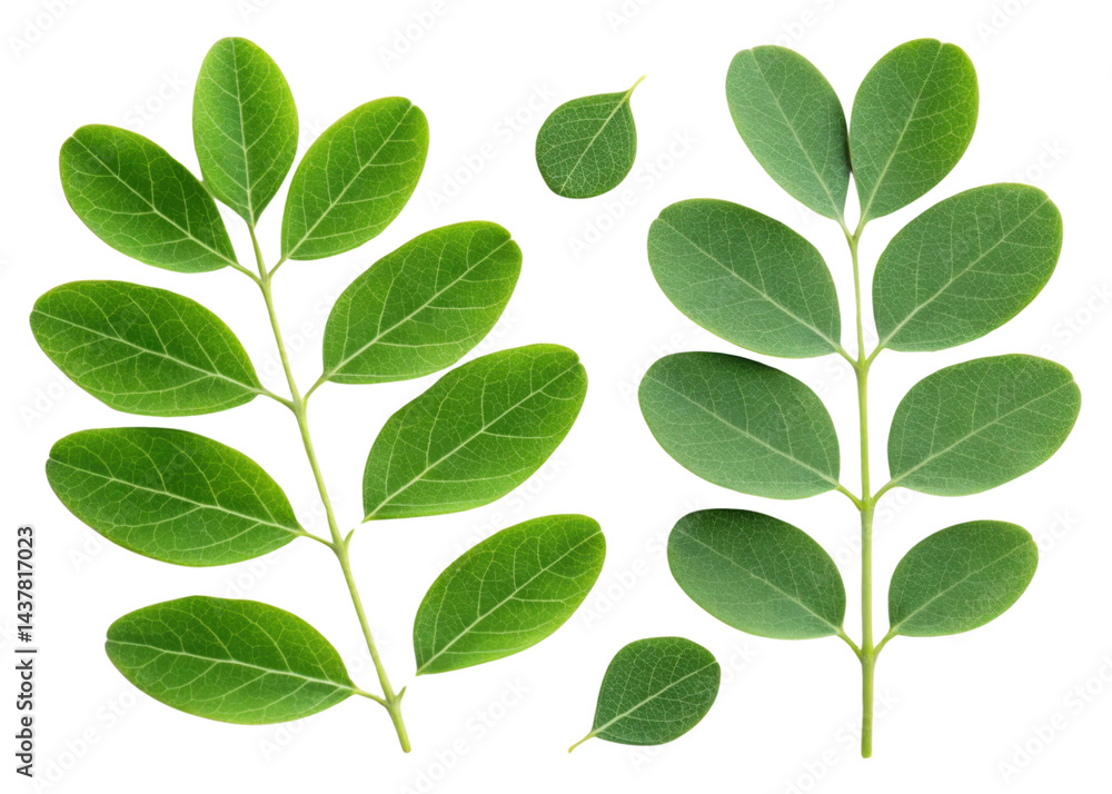 Moringa leaf with fresh green leaves isolated on transparency background showing natural texture and healthy plant details in bright light Moringa leaf with fresh green leaves isolated on transparency background showing natural texture and healthy plant details in bright light