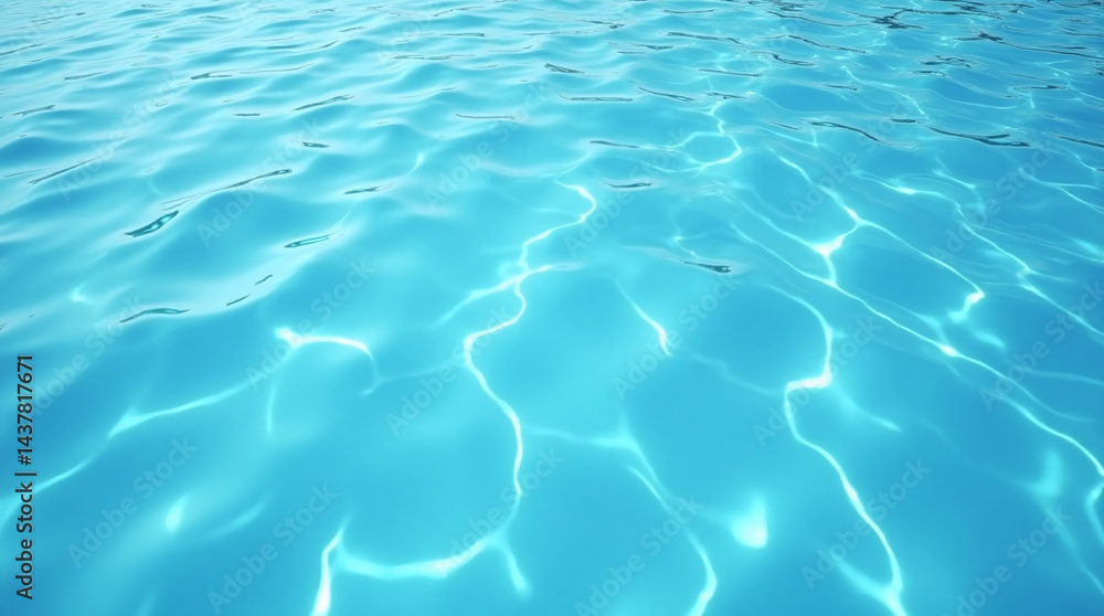 Fototapeta premium Photorealistic clear blue water surface with gentle ripples and bright sunlight caustic patterns. Top-down view.