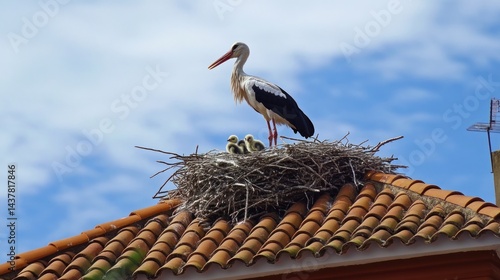 Storks with chicks on rooftop nest