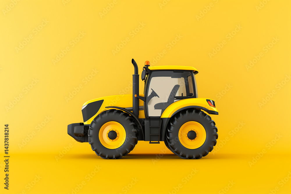 Fototapeta premium A vibrant yellow tractor against a sunny backdrop, standing proudly on a bright yellow background, perfect for agricultural or industrial themed projects. 