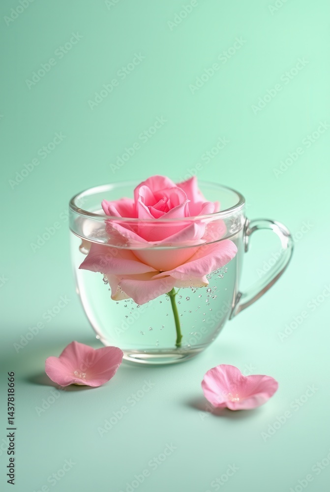 Pink rose bloom floating in clear glass cup on soft green background Pink rose bloom floating in clear glass cup on soft green background