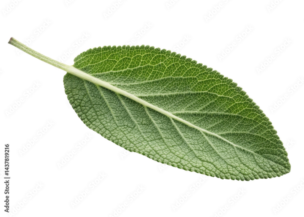 Obraz premium Fresh green sage leaf with detailed texture and veins isolated on transparency background showing natural beauty and vibrant color