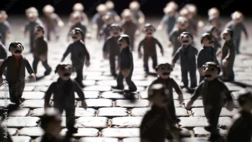 Crowd of clay figures walking on cobblestone pathway at night Crowd of clay figures walking on cobblestone pathway at night
