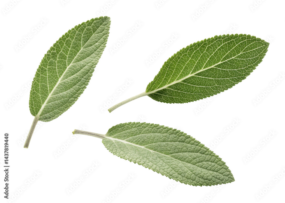 Fototapeta premium Fresh green sage leaf with detailed texture and natural veins isolated on transparency background for herbal and culinary use