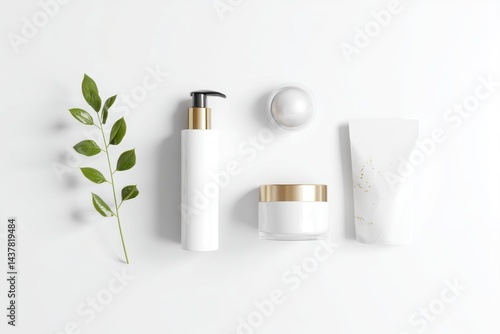 Wallpaper Mural Hyper-realistic representation of skincare products arranged on a minimalist white background Torontodigital.ca