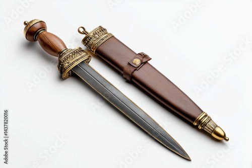 Decorative sword with ornate handle and leather sheath on white background