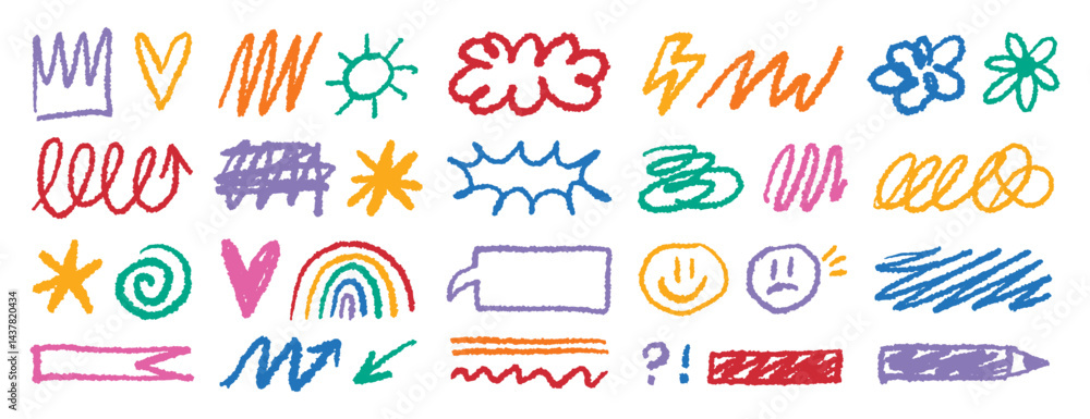 Fototapeta premium Crayon doodle colorful charcoal hand drawn set. Pencil drawings squiggle shapes and forms. Freehand collage elements.