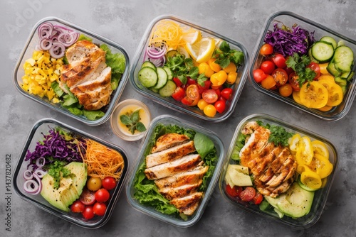 Colorful healthy meal prep containers filled with grilled chicken and fresh salads on a clean background