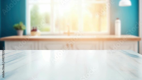 Wooden countertop on blurred background of modern stylish kitchen with window