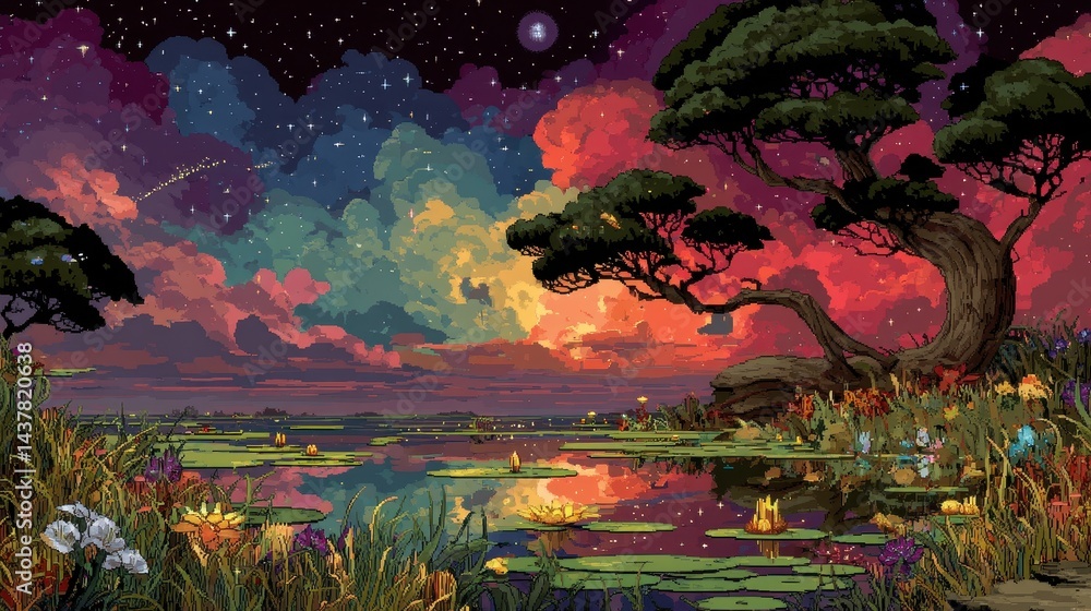Obraz premium Fantasy pixel lagoon surrounded by glowing plants floating lily pads and magical skies peaceful retro feel