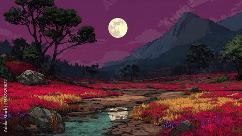 Lush pixel valley dreamland with vibrant flora rivers and dreamy hills nostalgic and colorful tone