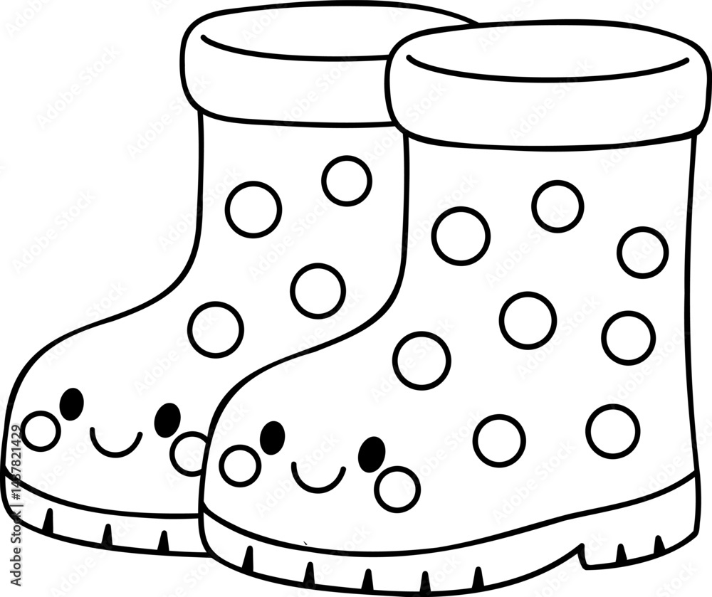 Cute rubber boots with polka dots and smiling faces, perfect for rainy days Cute rubber boots with polka dots and smiling faces, perfect for rainy days