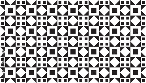 Seamless black and white geometric pattern composed of alternating diamond and square shapes, creating a modern and minimalist visual rhythm