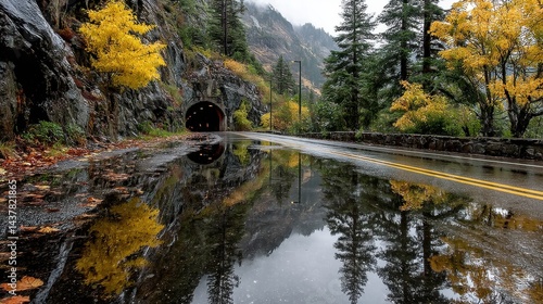 Rainy day on remote mountain road with tunnel carved into steep cliff moody weather wet road reflections
