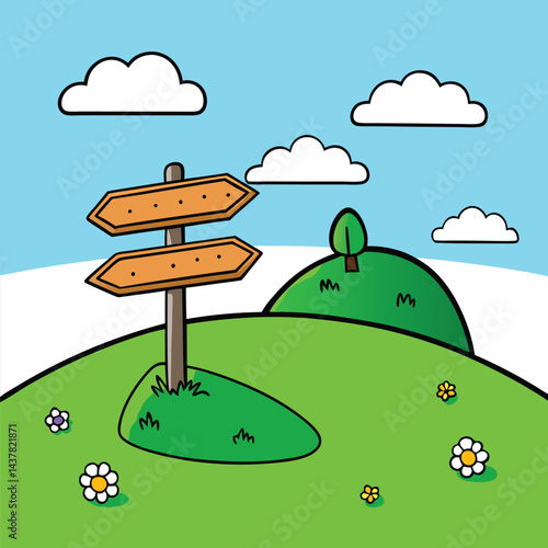 Whimsical hilltop with a directional sign