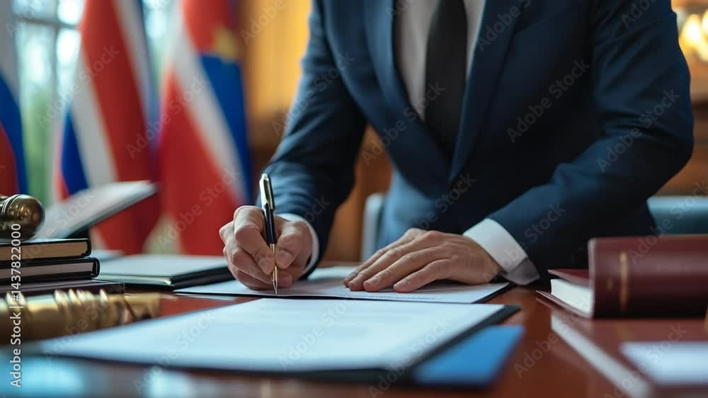 Man in suit signs a document at desk with flags in background, formal setting Man in suit signs a document at desk with flags in background, formal setting