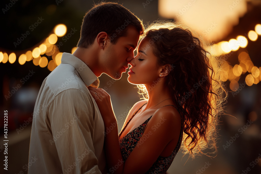 Romantic portrait of a couple during sunset with dreamy bokeh lights, warm tones, and soft, high-detail focus. Romantic portrait of a couple during sunset with dreamy bokeh lights, warm tones, and soft, high-detail focus.