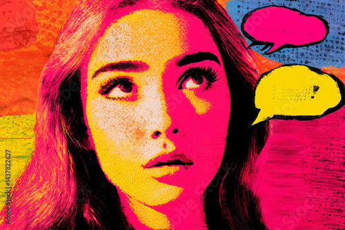 A colorful pop art-style portrait of a girl with bright tones, halftone patterns, and a vibrant comic-inspired background.