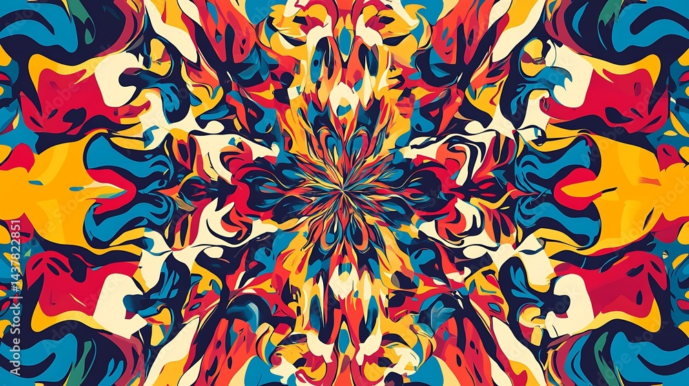 Symmetrical, colorful abstract with flower-like central pattern Symmetrical, colorful abstract with flower-like central pattern