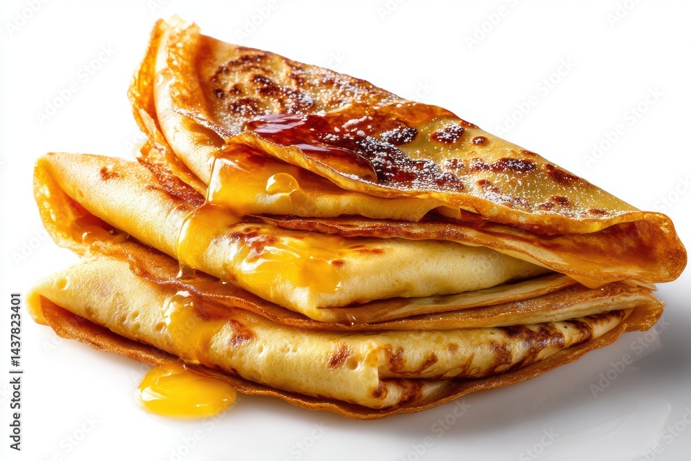 Thin crepe Suzette folded with orange sauce and flambe finish on white background Thin crepe Suzette folded with orange sauce and flambe finish on white background