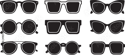 Sunglasses summer set icon and variety of trendy frame silhouette on transparent background.